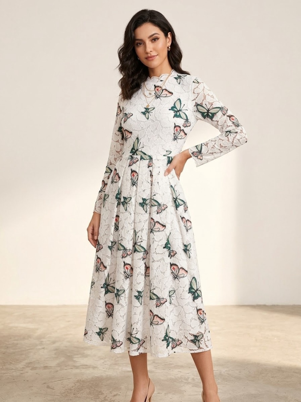 DC Moda White Lace Skirt with Green and Peach Butterfly Embroidery